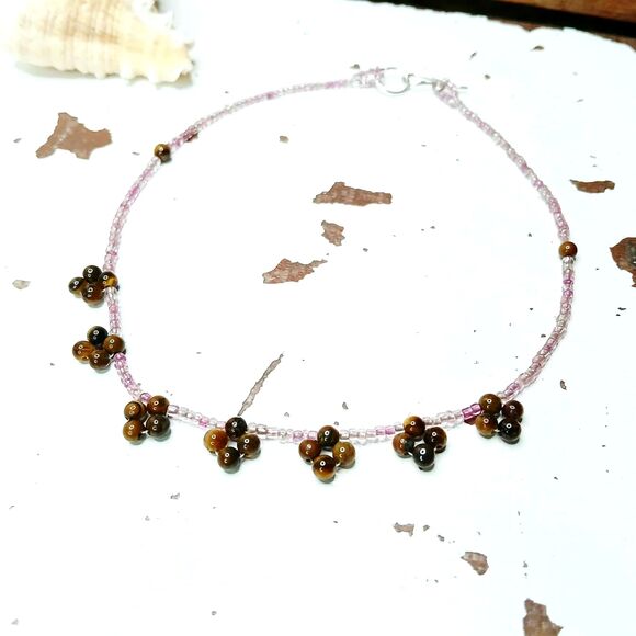 Dainty Tigers Eye Gemstone Beaded Flower Choker, 13" - Picture 1 of 4